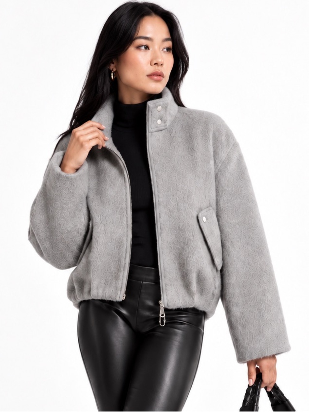 BERNARDO Hairy Crop Jacket Light Grey Oversized Women’s Size Medium NWT